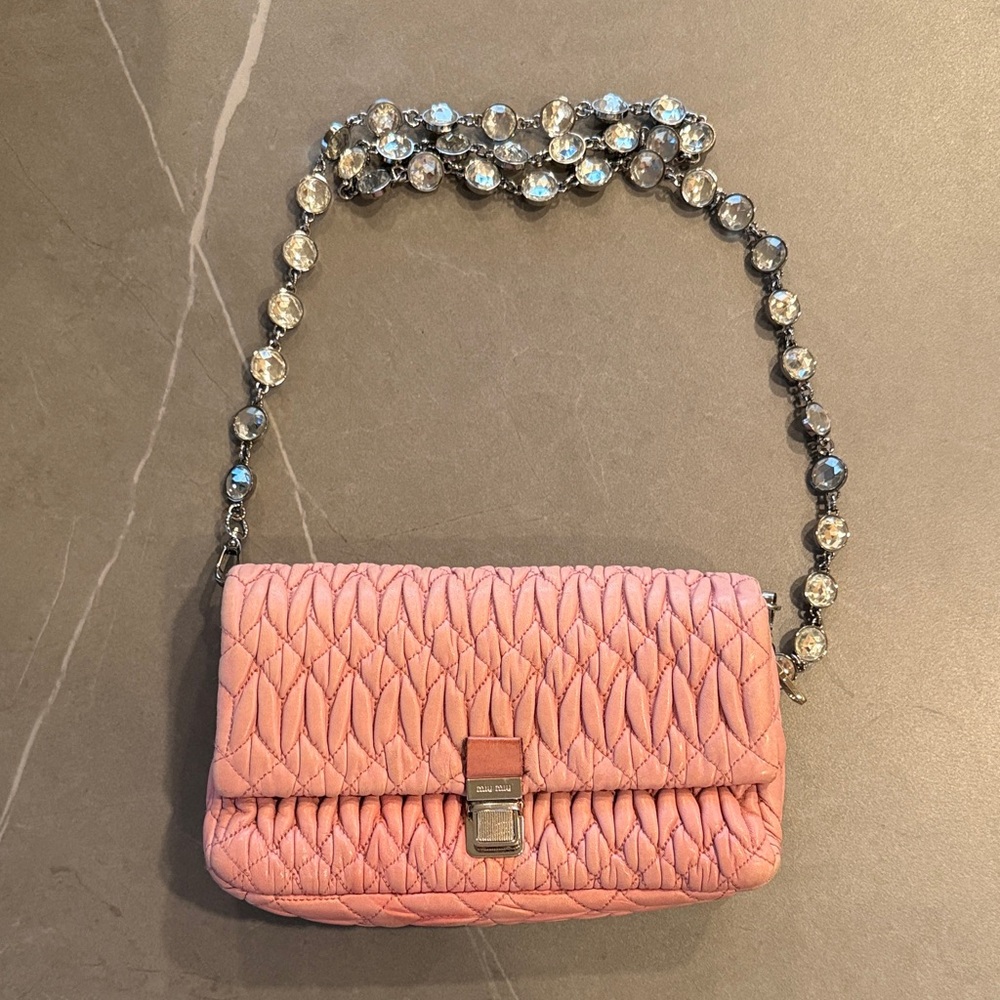 Miu Miu Pink Quilted Shoulder Bag with Crystal Chain